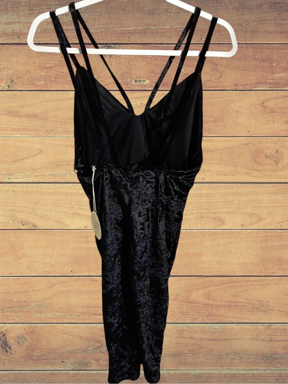 Black Crushed Velvet Midi Dress Plunging V-Neck Caged Open Back Double Strap M - Picture 8 of 16